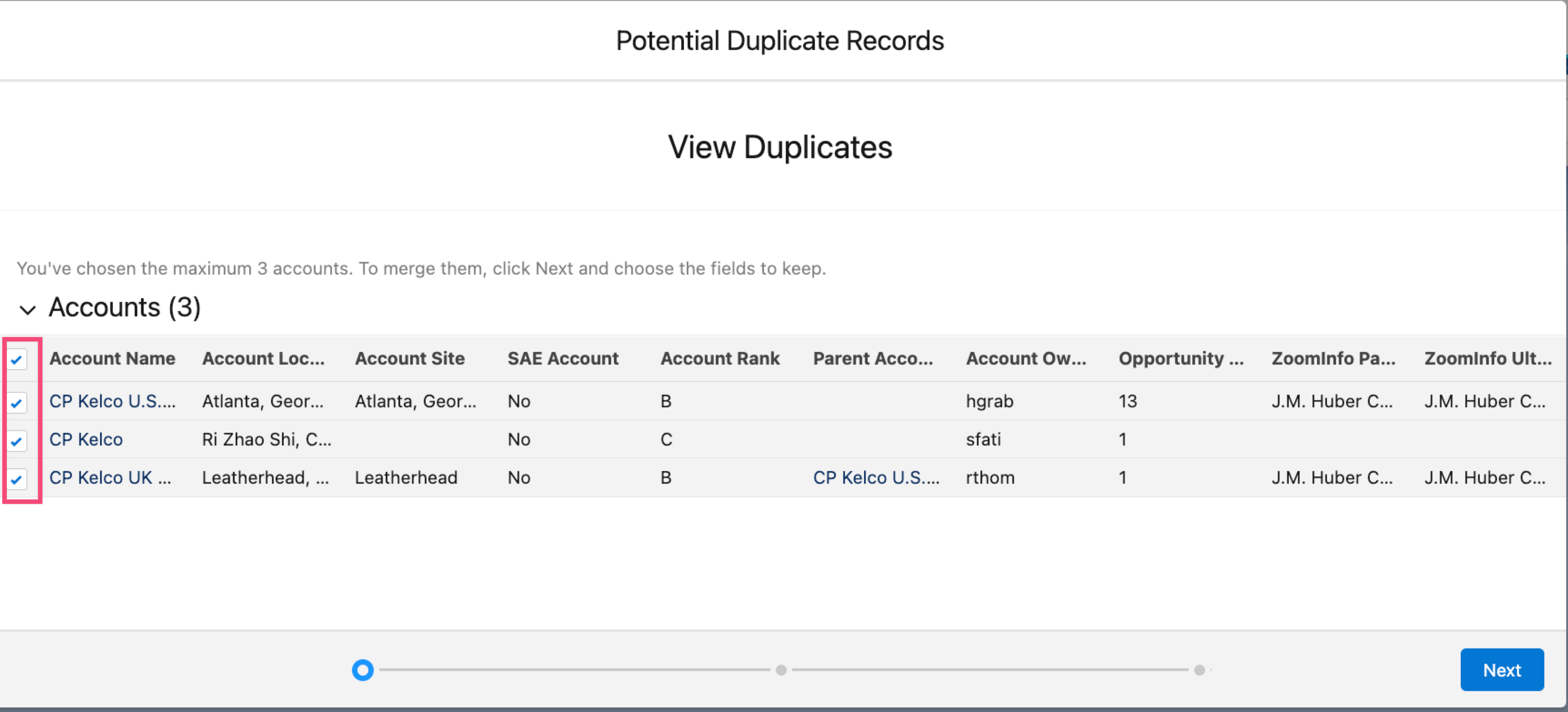 Screenshot of the standard Salesforce Duplicate merge tool