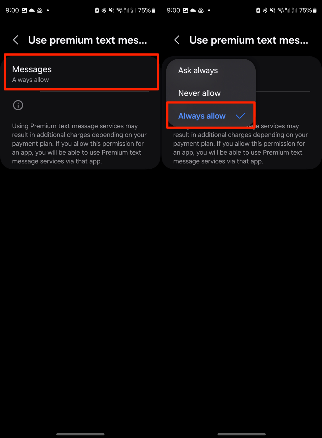 Premium message access in Android