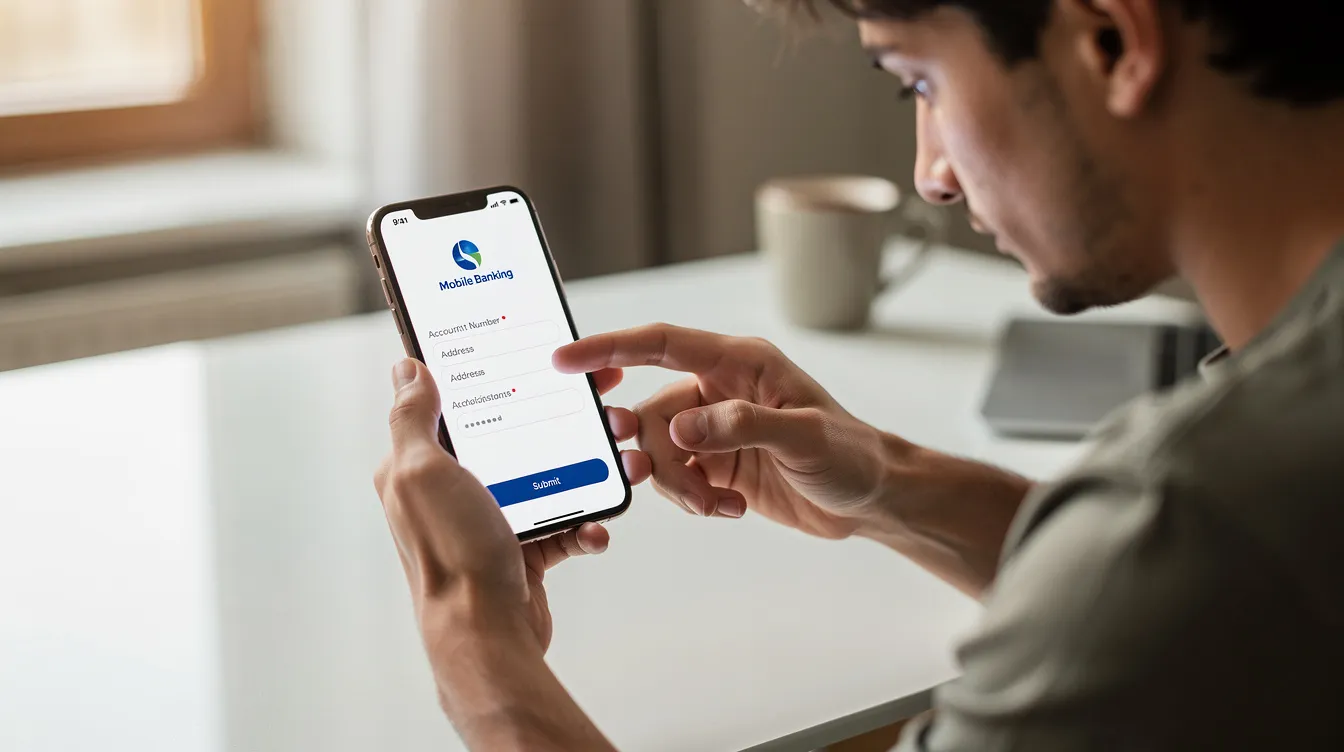A young person is focused on their smartphone, navigating a mobile banking application to open a new bank account in Canada. The screen displays options for various account types, including savings and chequing accounts, highlighting the convenience of online banking for managing everyday purchases and payments.