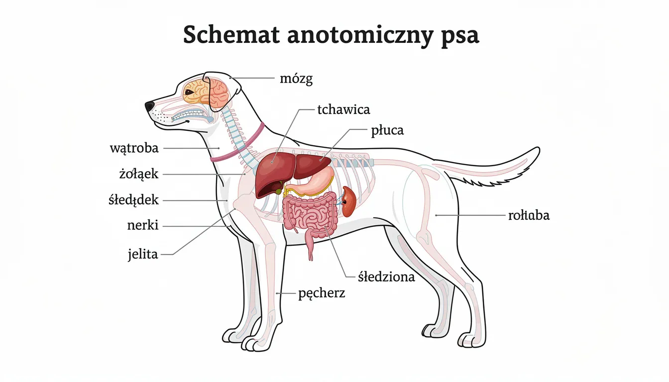 Schemat anatomiczny psa przedstawia szczegółowe położenie głównych narządów wewnętrznych, takich jak serce, płuca, wątroba i nerki, w kontekście szkieletu psa oraz zewnętrznej budowy ciała. Wizualizacja ta ilustruje także klatkę piersiową, jelita oraz inne istotne elementy anatomii zwierząt.