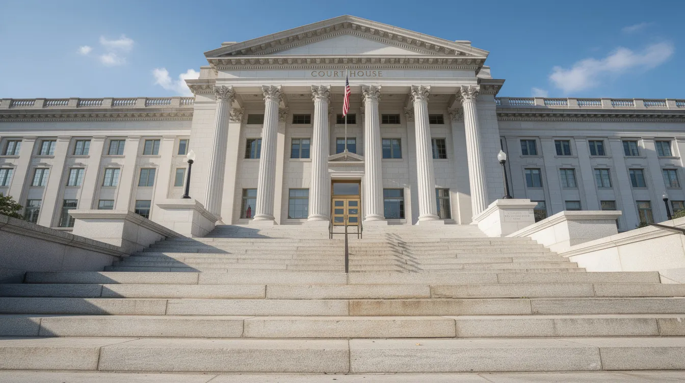 The image shows a courthouse building, featuring grand steps leading up to its entrance, symbolizing the legal process and access to justice. This setting is often associated with important legal matters such as divorce and filing documents, where individuals seek relevant information and support for their cases.