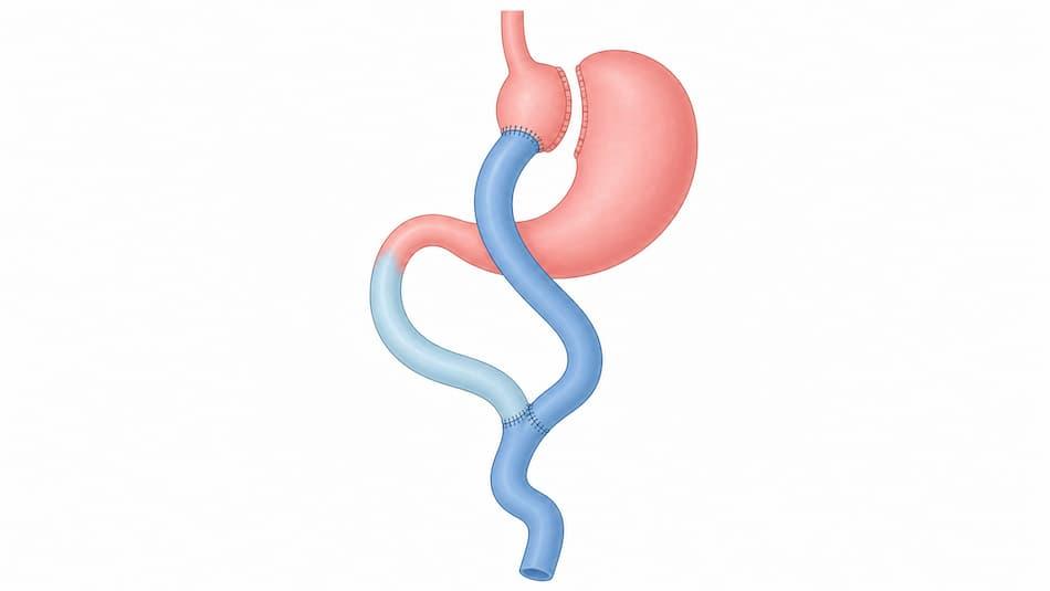 Medical illustration showing the digestive tract routing in a gastric bypass surgery.