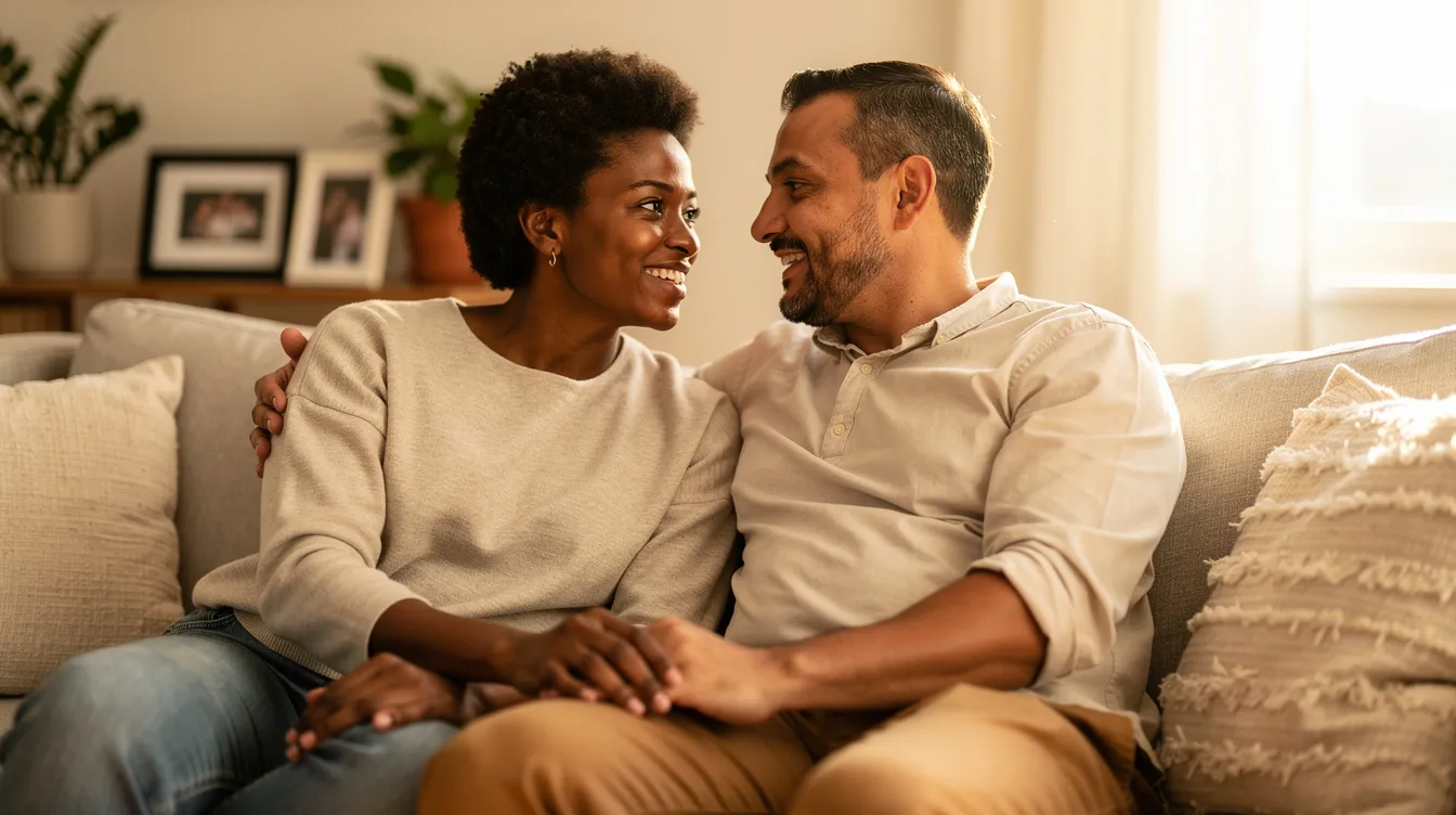 A mixed race couple engages in a heartfelt conversation, showcasing the signs of a healthy relationship through honest communication and genuine interest in each other's feelings. This positive interaction highlights their ability to create a safe space where they feel heard and respected, embodying major green flags for a strong partnership.