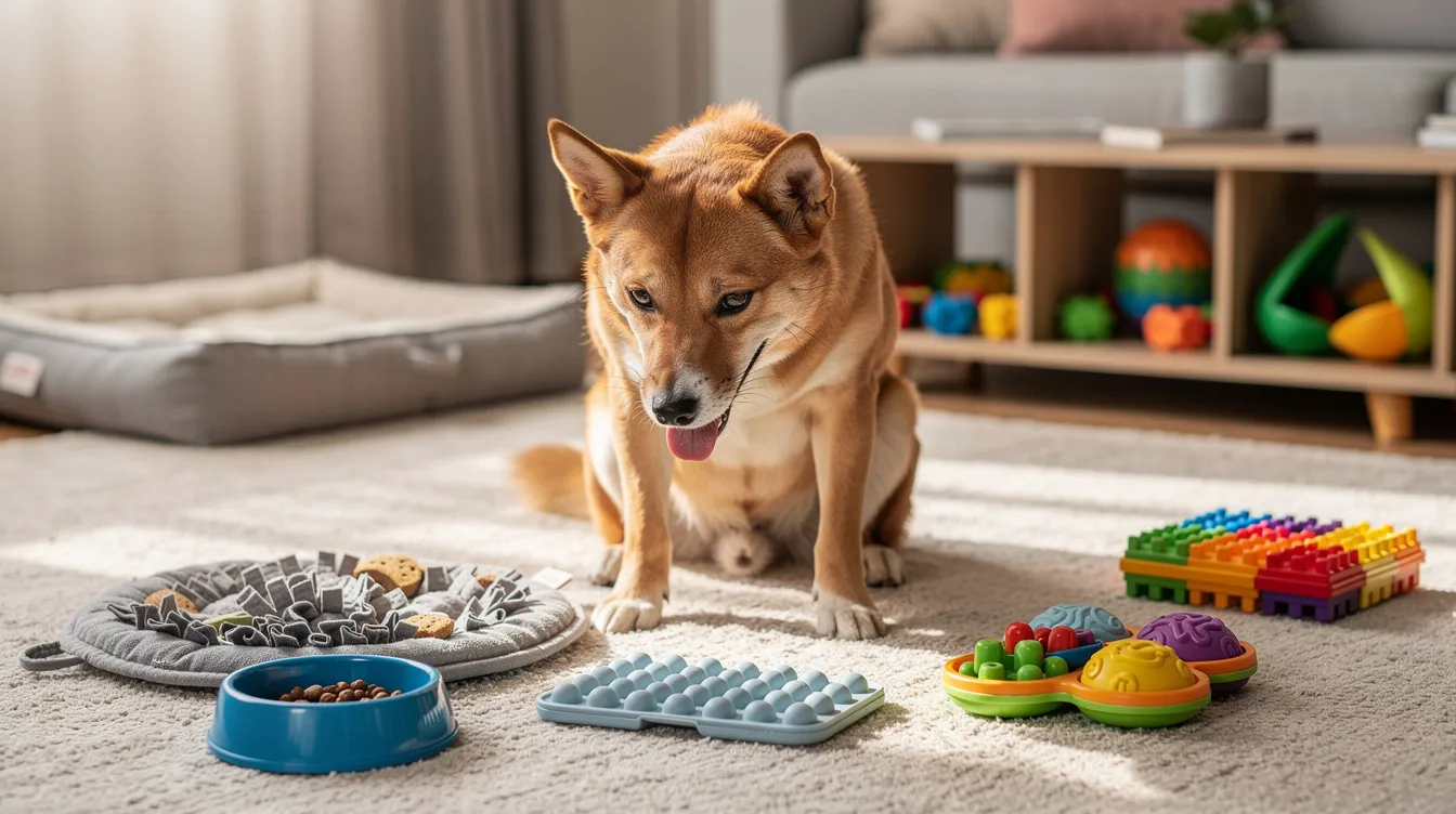 The image depicts a dog engaging in various mental enrichment activities, such as solving a puzzle toy filled with treats and exploring a scent game in an interactive outdoor setting. This scene highlights the importance of mental stimulation and physical exercise for dogs, showcasing how pet parents can enhance their furry friends' well-being through fun and challenging enrichment ideas.