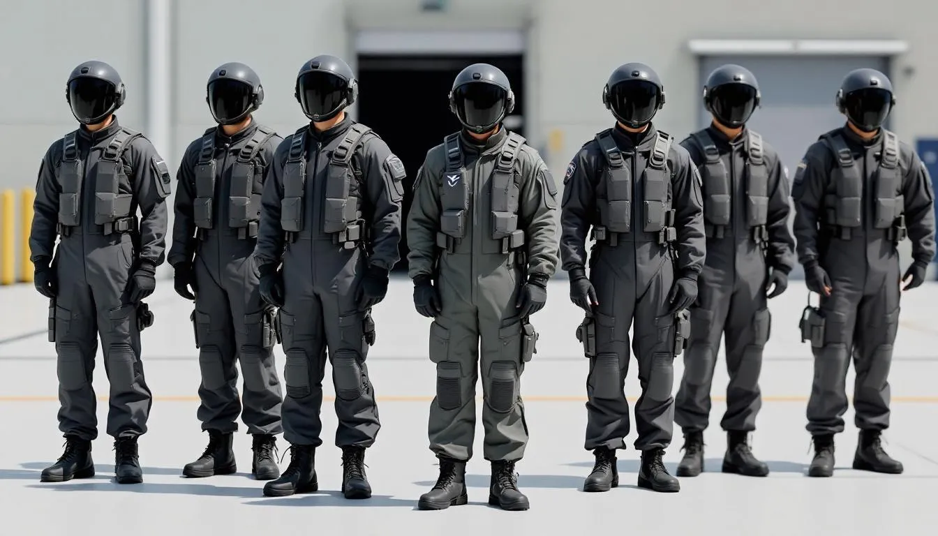 A group of recruits preparing for Air Force basic training in their uniforms.