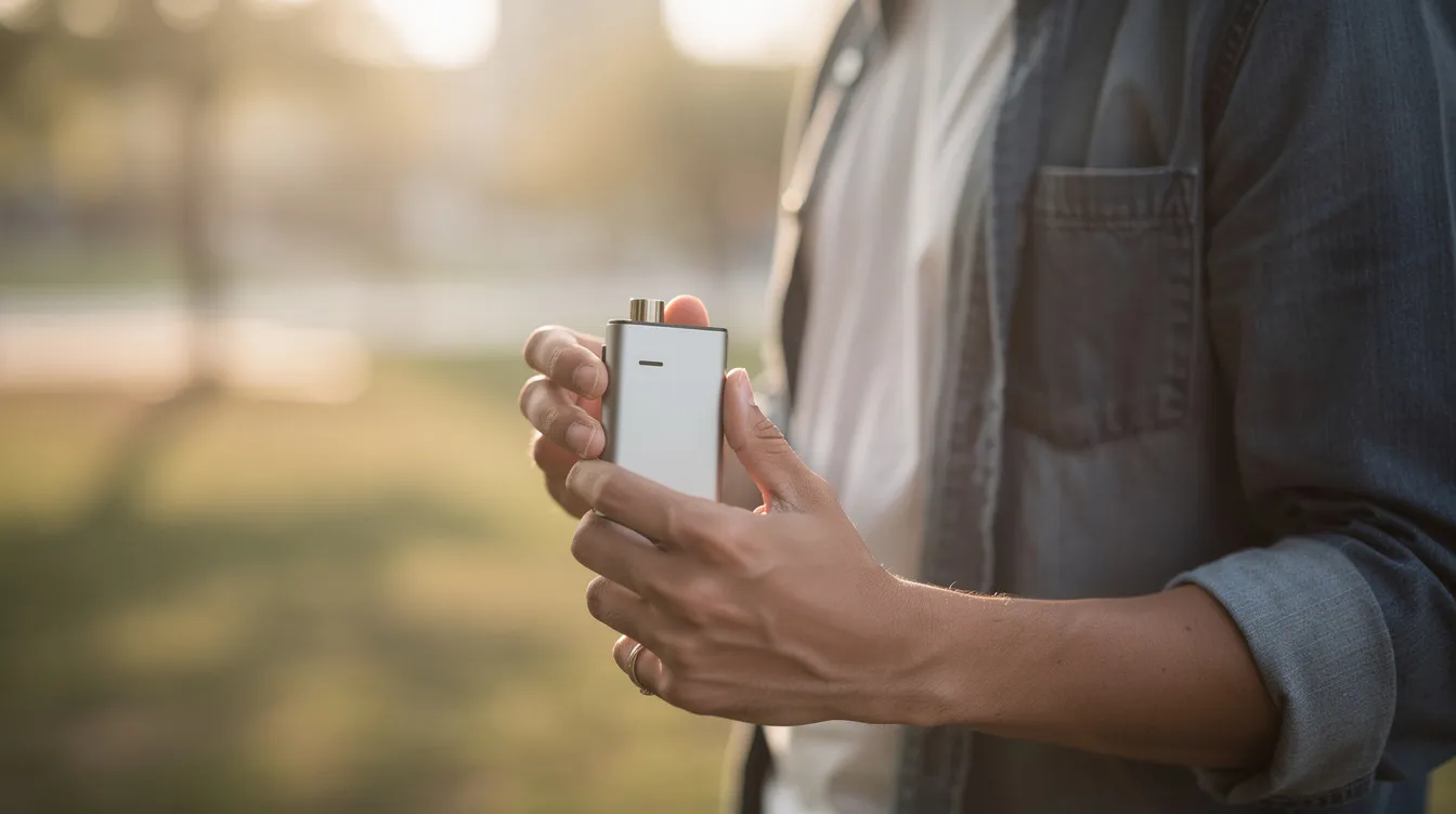 A person is holding a sleek portable vaporizer outdoors, showcasing its modern design in natural lighting. This dry herb vaporizer is ideal for enjoying flavorful vapor while exploring the best temperature settings for a smoother vaping experience with cannabis flower.