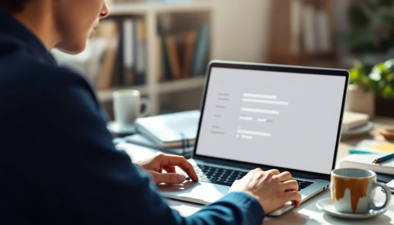 Een persoon zit aan een laptop en vult een online subsidieaanvraagformulier in voor duurzame maatregelen, zoals een hybride warmtepomp of isolatiemaatregelen. Dit kan helpen bij het aanvragen van de ISDE subsidie en het verkrijgen van een hoger subsidiebedrag voor energiebesparing.