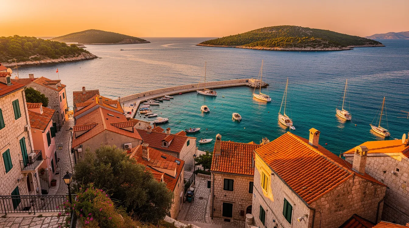 A imagem mostra a bela ilha de Hvar, na Croácia, com suas praias deslumbrantes e o centro histórico, onde se destaca a Igreja de São Marcos. O pôr do sol ao fundo cria uma atmosfera mágica, ideal para desfrutar da vida noturna e da gastronomia local.