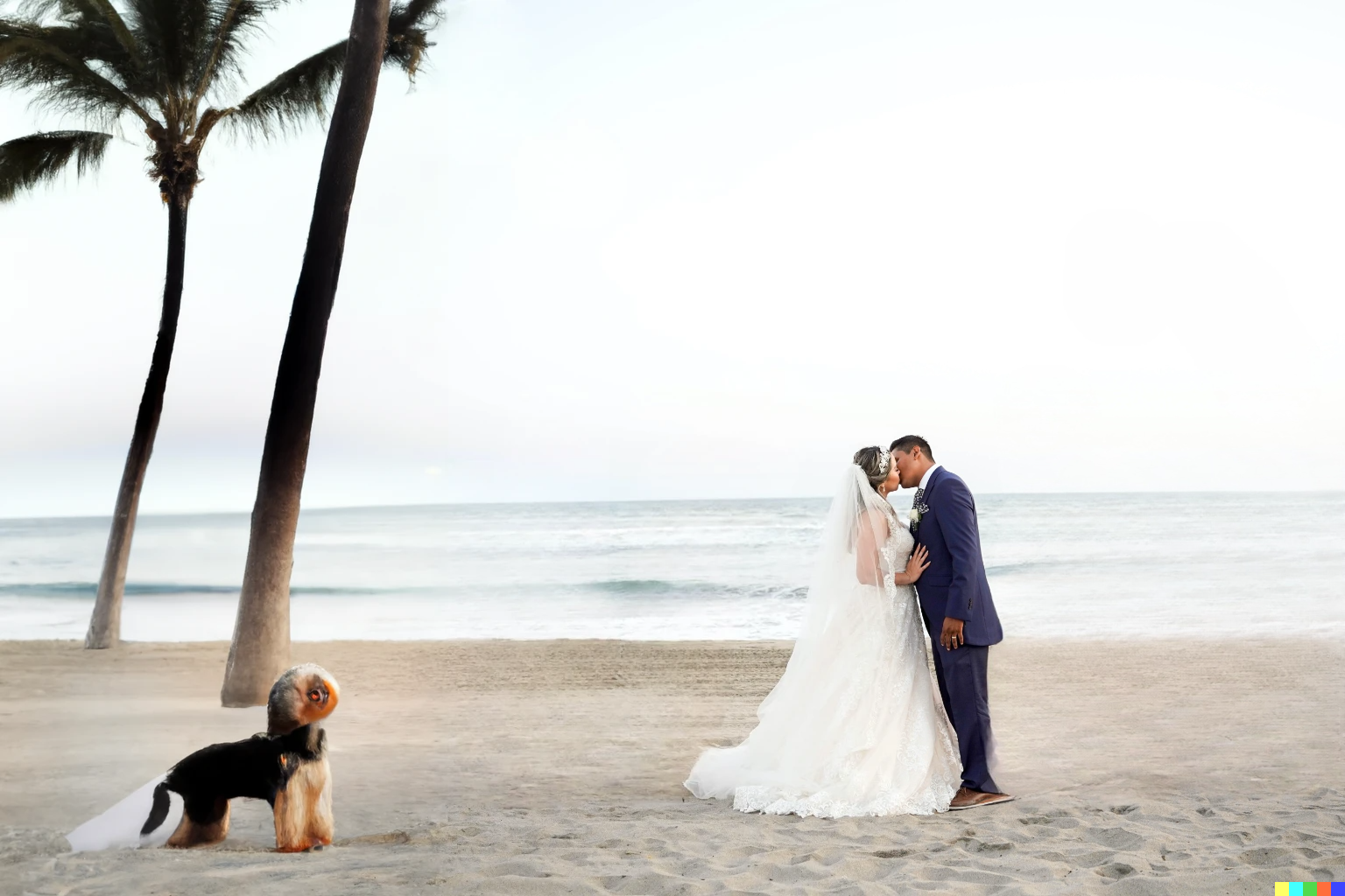 Same picture of the couple kissing, but to the left two palm trees have been added and a very strange looking dog.