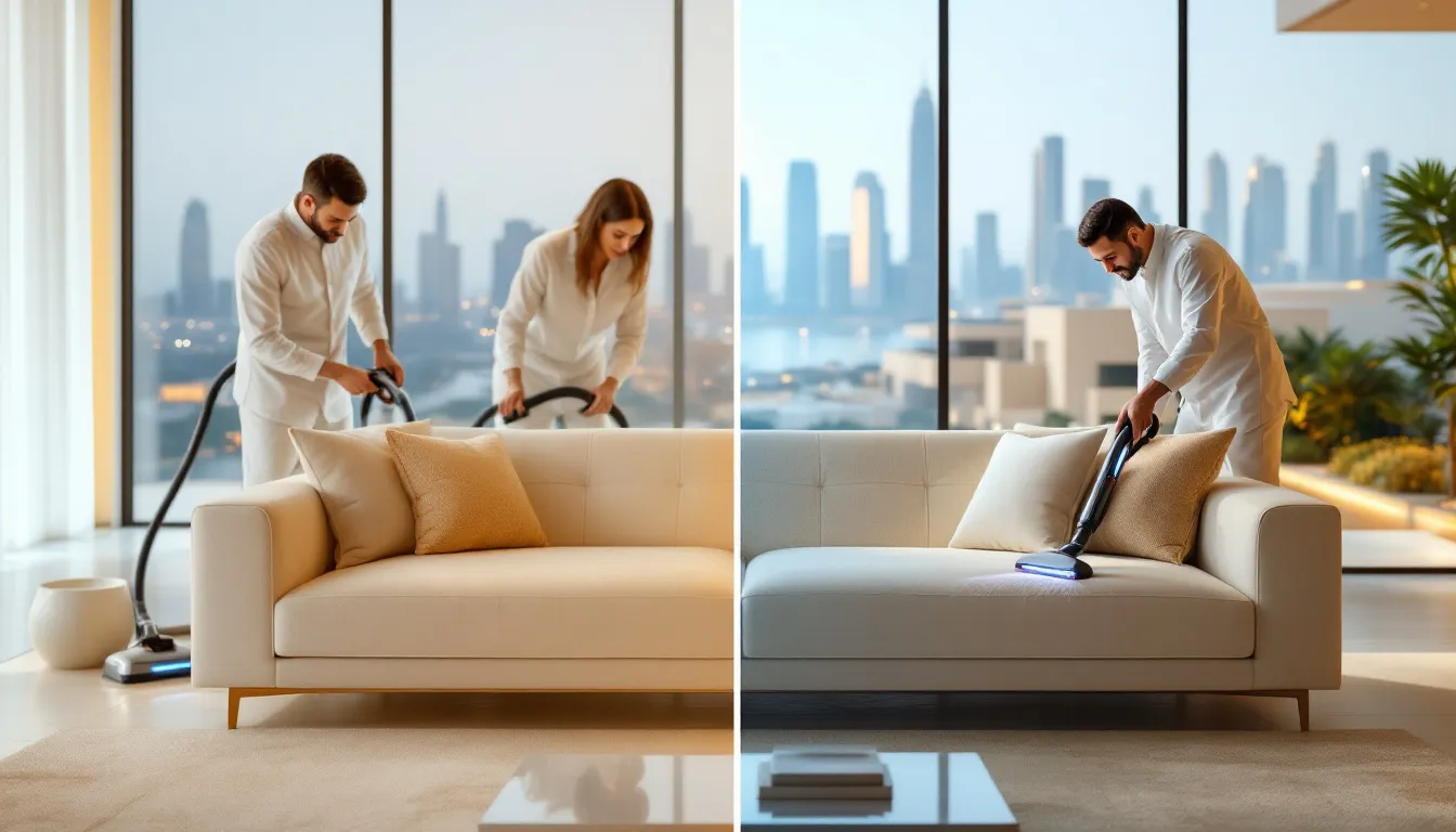 A professional sofa cleaning service in Abu Dhabi in action.