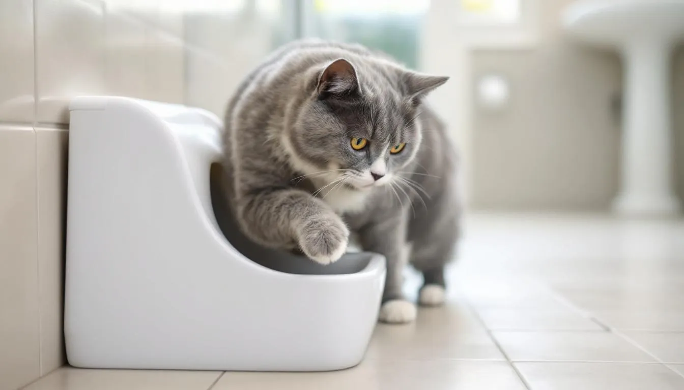 Een oudere kat stapt voorzichtig in een lage instap kattenbak, waarbij hij zijn pootjes zorgvuldig plaatst zodat hij comfortabel kan graven in de kattenbakvulling. De open bak biedt voldoende ruimte voor de kat om zijn behoeften te doen zonder ongemak.