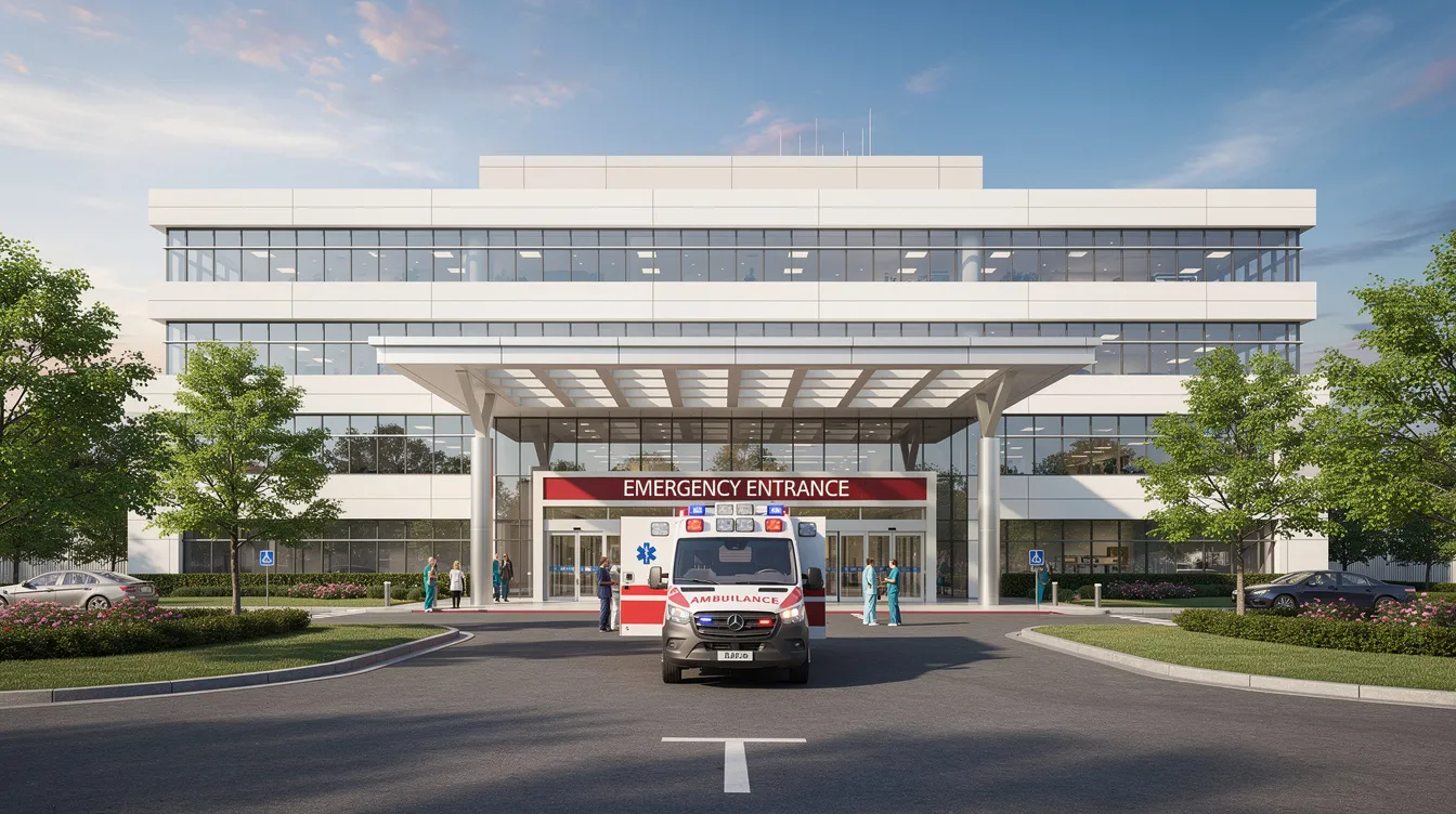 The image depicts a modern multi-speciality hospital building with a sleek exterior and an ambulance parked at the entrance, highlighting the facility's role as a vital healthcare provider. This scene emphasizes the importance of effective financial management in hospitals, particularly in relation to working capital and cash flow, which are crucial for maintaining operational efficiency.