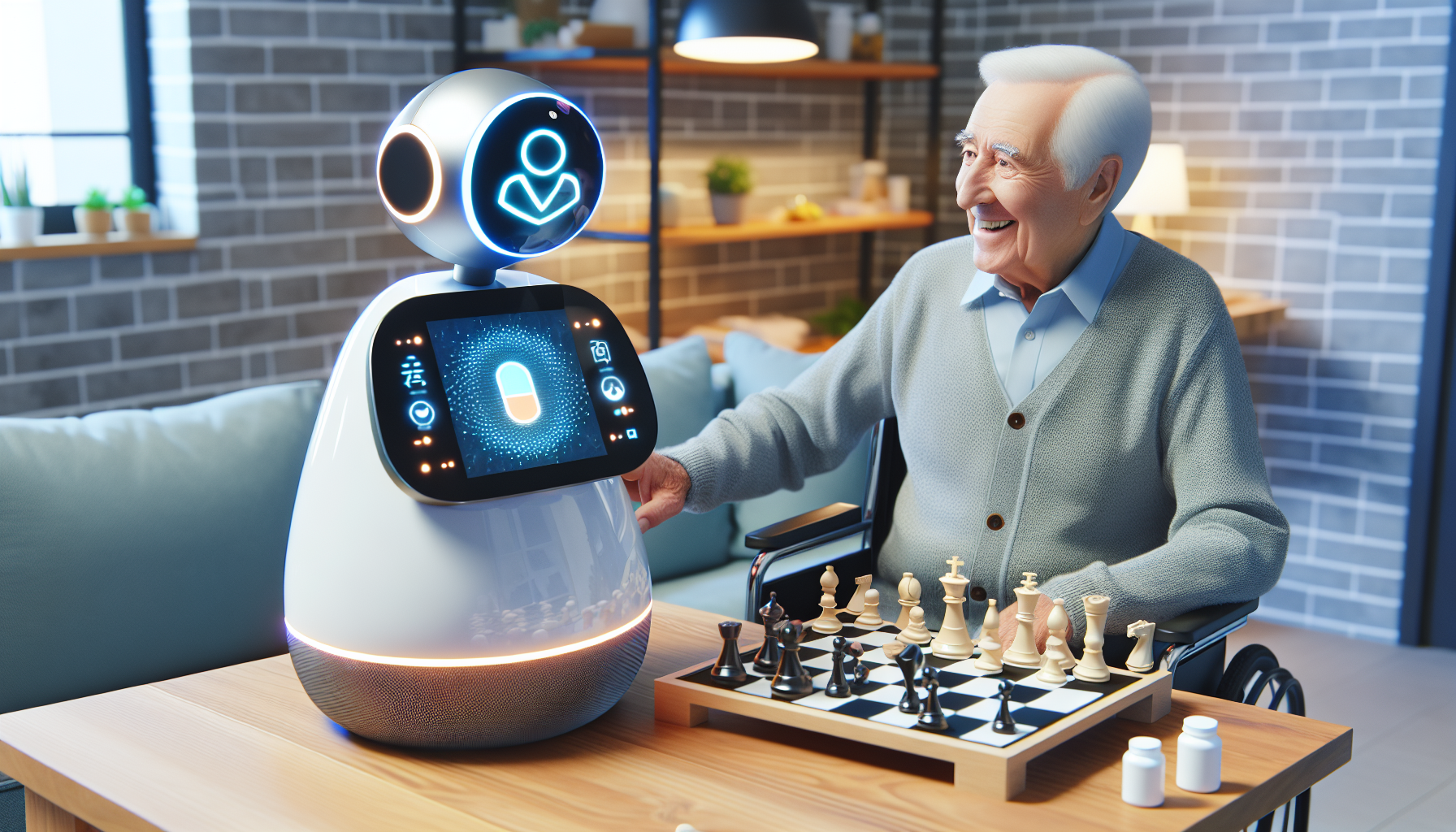 An illustration of an ElliQ AI robot companion interacting with an older adult