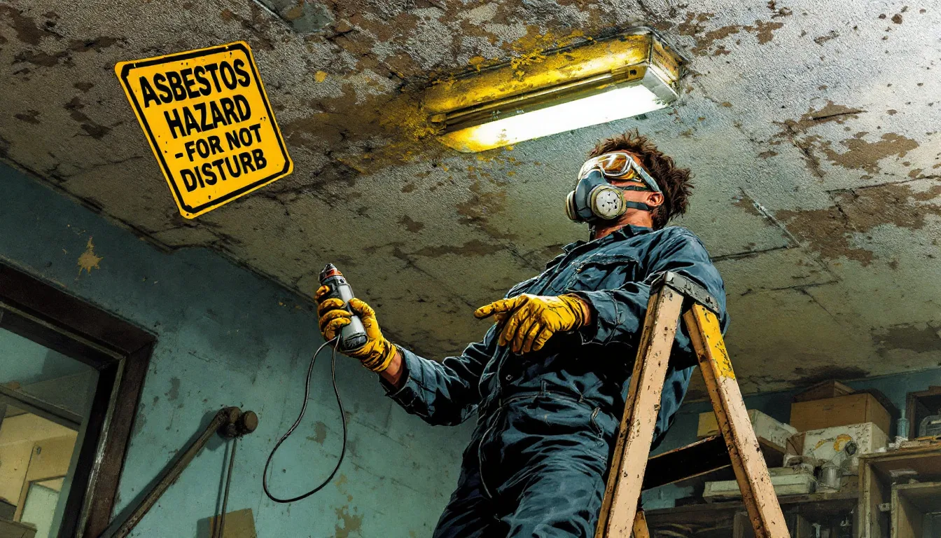 A person inspecting an artex ceiling for asbestos exposure.