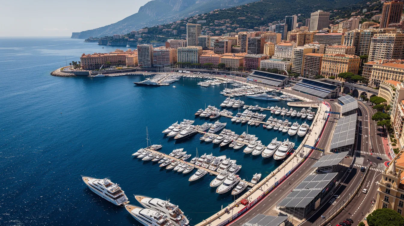 An aerial view of the Monaco harbor showcases luxurious yachts docked alongside the waterfront, with grandstands set up for the Monaco Grand Prix, offering stunning views of the race track and the excitement of race day in Monte Carlo. The image captures the essence of this prestigious event, highlighting the vibrant atmosphere and the thrill of Formula 1 racing.