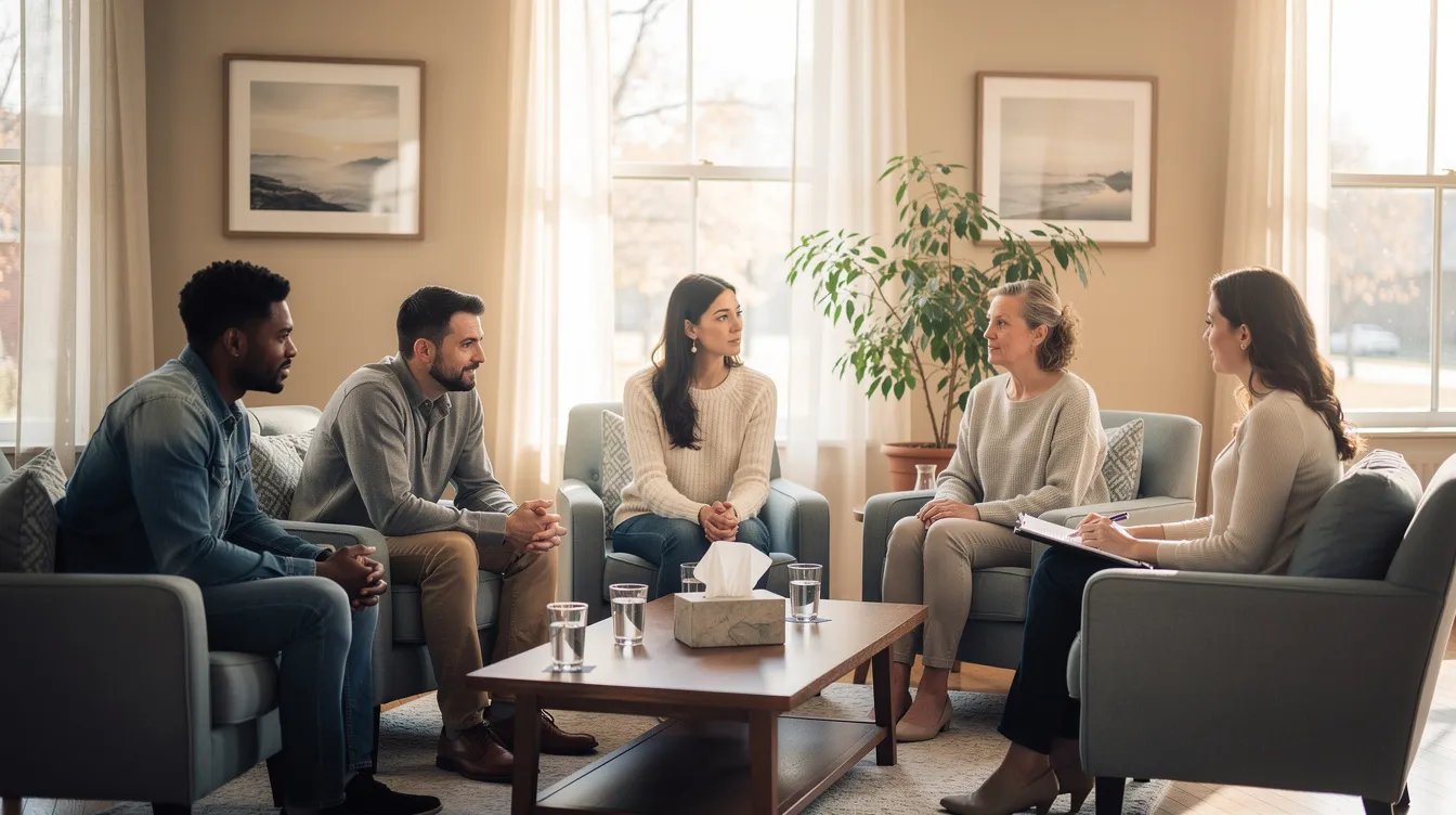 The image depicts a small supportive group therapy session taking place in a cozy room filled with natural light, where participants are engaged in discussion, likely addressing issues related to opioid addiction and withdrawal symptoms. The atmosphere is warm and inviting, promoting a sense of community and understanding as individuals share their experiences with methadone withdrawal and the challenges of overcoming opioid dependence.