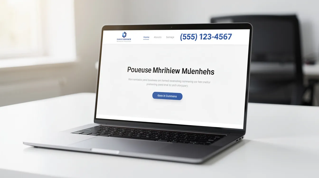The image shows a laptop computer displaying a clean and professional website, featuring a prominently displayed phone number in the header, which is essential for local businesses to enhance their online visibility and attract potential customers through local SEO strategies. This design emphasizes the importance of effective search engine optimization to improve rankings and drive traffic to the site.