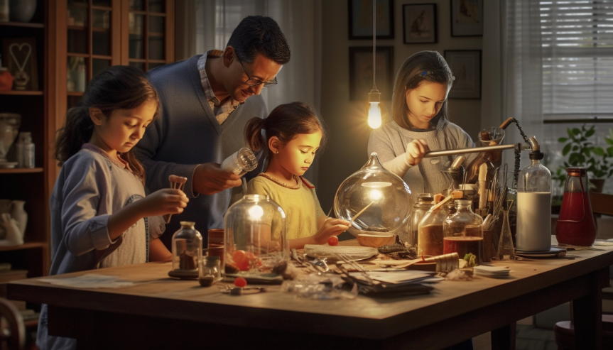 A family of homeschoolers using a science kit to learn science