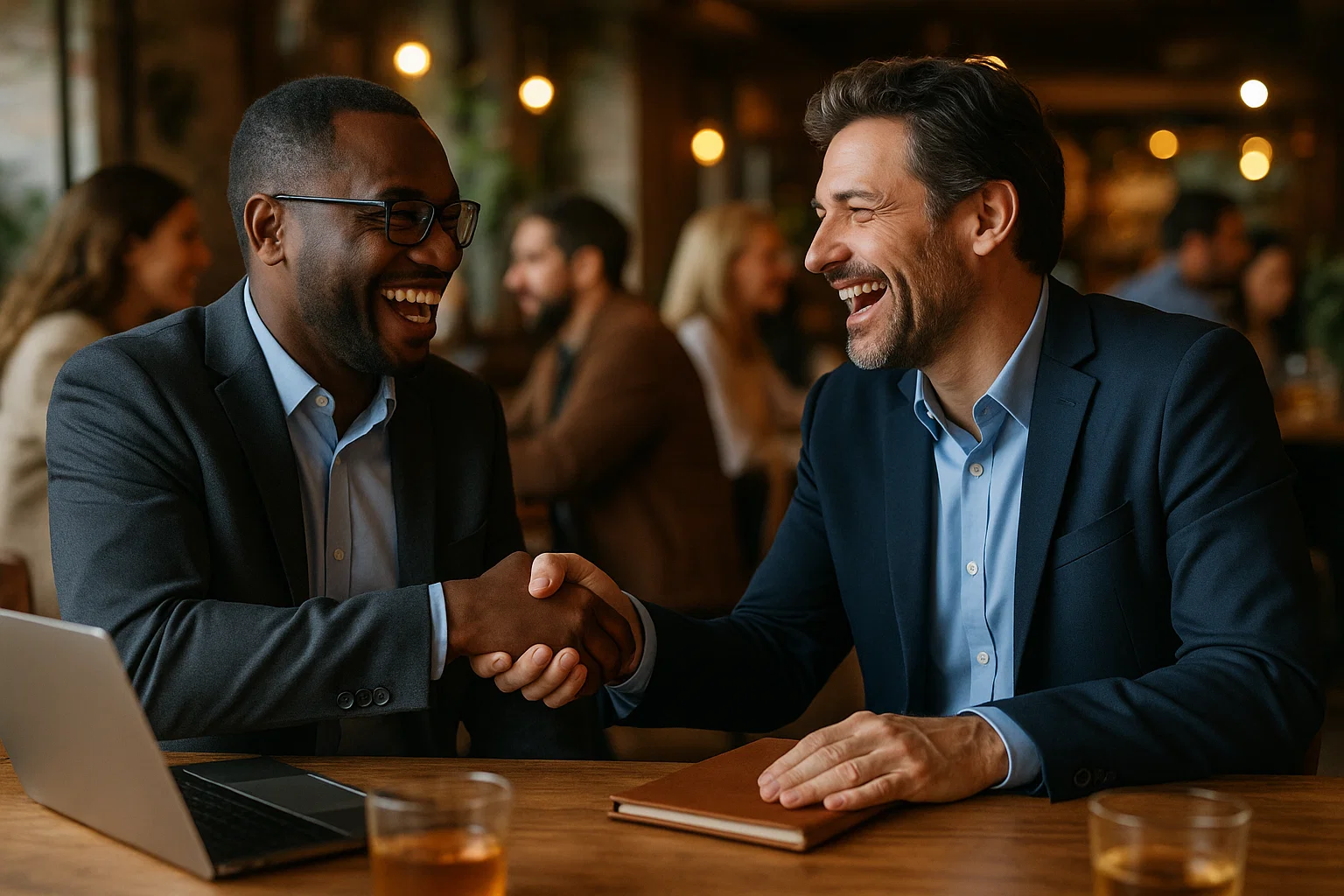 Two business owners smiling and shaking hands during a relaxed networking session, emphasising people-focused business relationships.