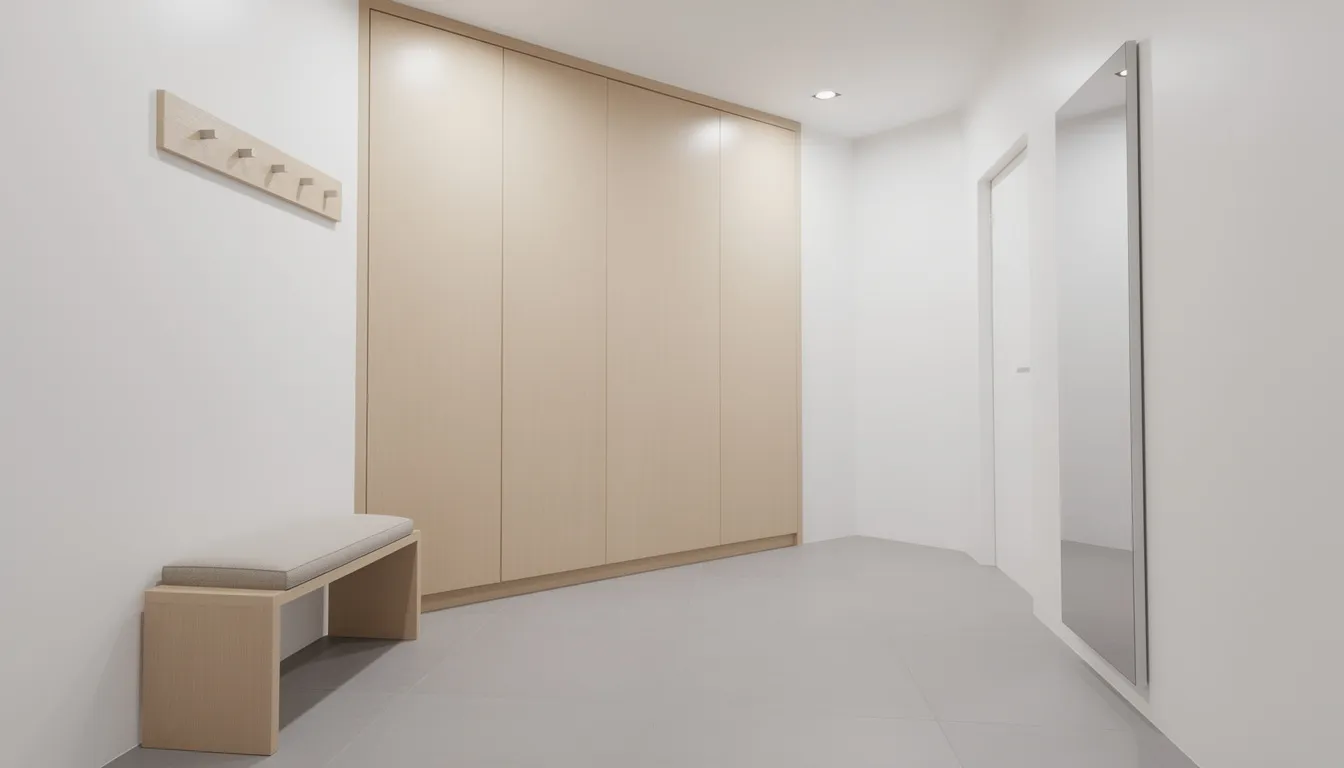 Garderobekast hal: maatwerk oplossingen voor een opgeruimde entree Een moderne hal met een strakke maatwerk garderobekast in lichte houtkleur, voorzien van gesloten deuren. De garderobekast biedt praktische opbergruimte voor jassen en accessoires, en past perfect in de ruimte.