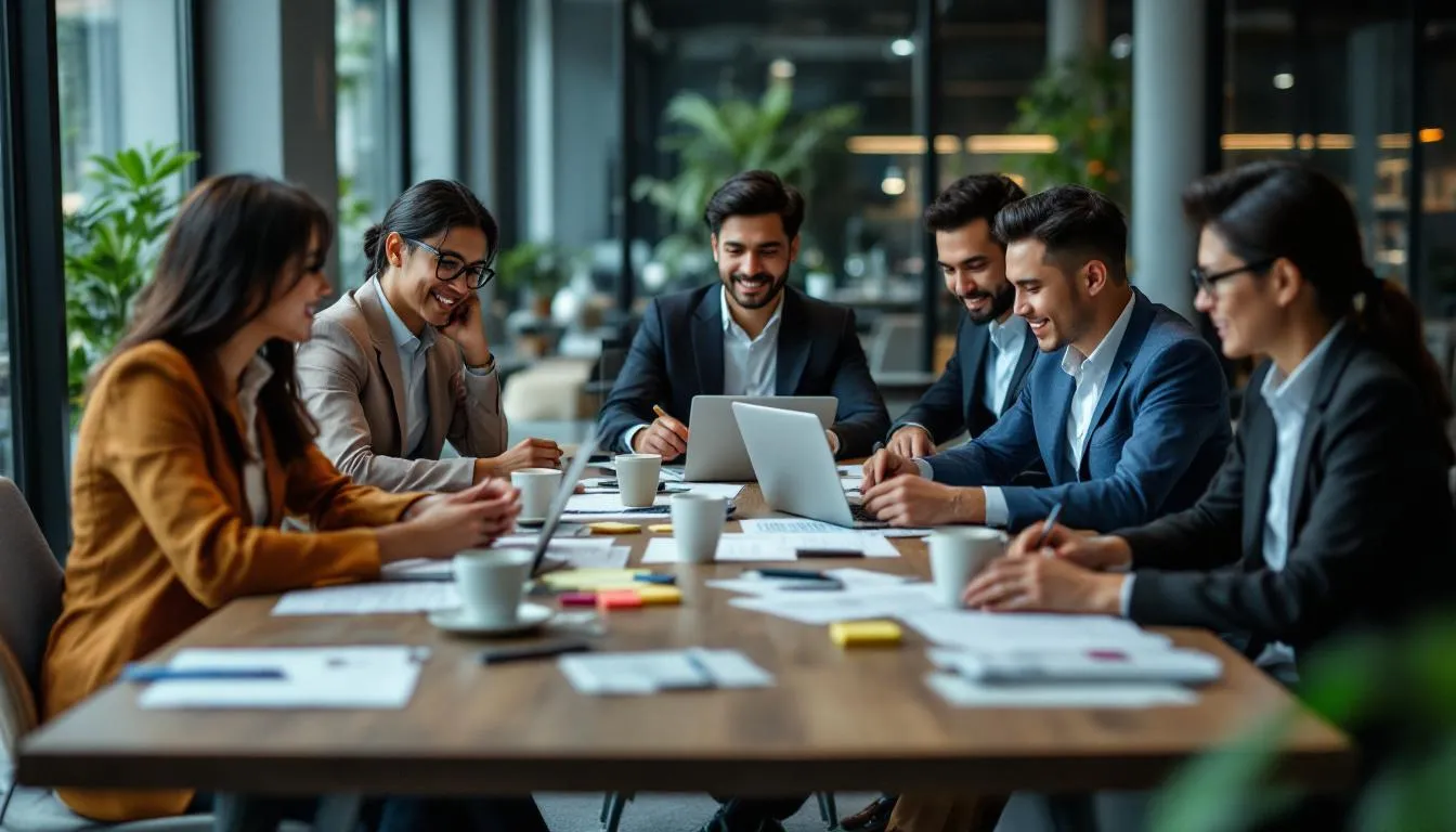 A diverse team of Southeast Asian professionals is gathered around a table, collaborating with laptops and documents, discussing strategies for their content marketing strategy. They are focused on building a marketing strategy that survives algorithm changes to effectively engage with their target audience.