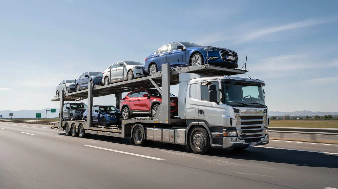 A large car carrier truck is seen driving on an open highway, transporting several vehicles securely on its trailer. This scene highlights the efficiency of car shipping services, showcasing how auto transport companies facilitate the safe delivery of vehicles.