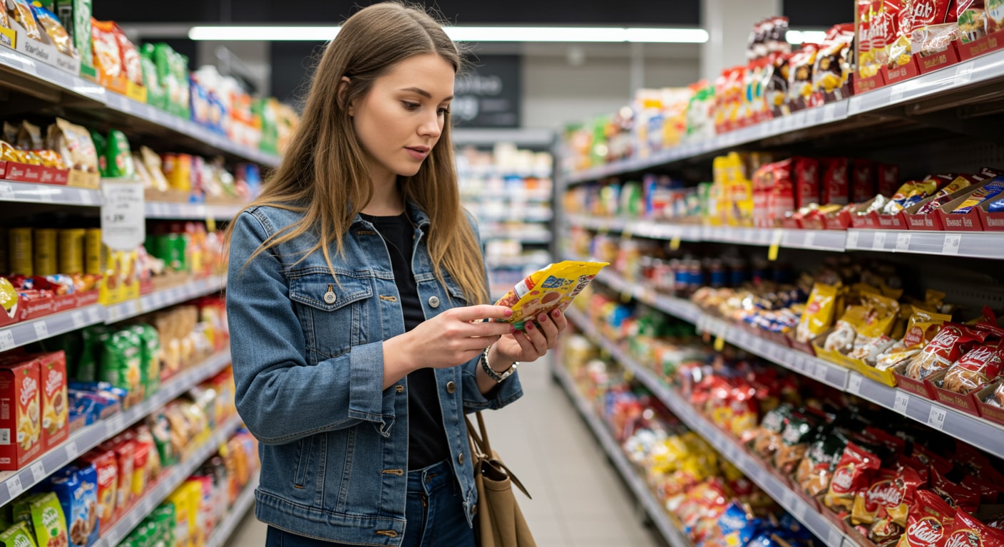 A young woman reading the product label of a branded Swedish candy product