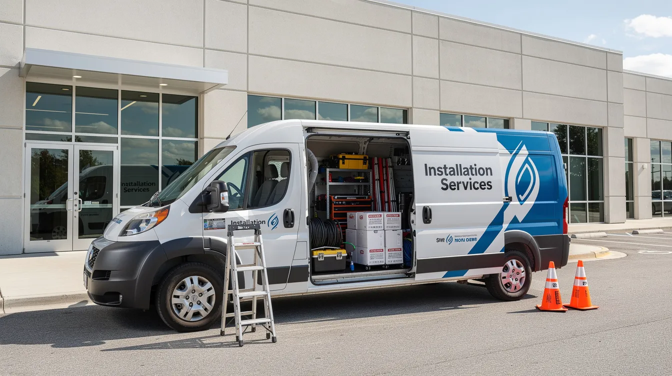 A mobile service van is parked outside a commercial building, showcasing various installation equipment visible through its open doors. This scene highlights the business services franchise opportunities available for entrepreneurs looking to invest in successful business models.