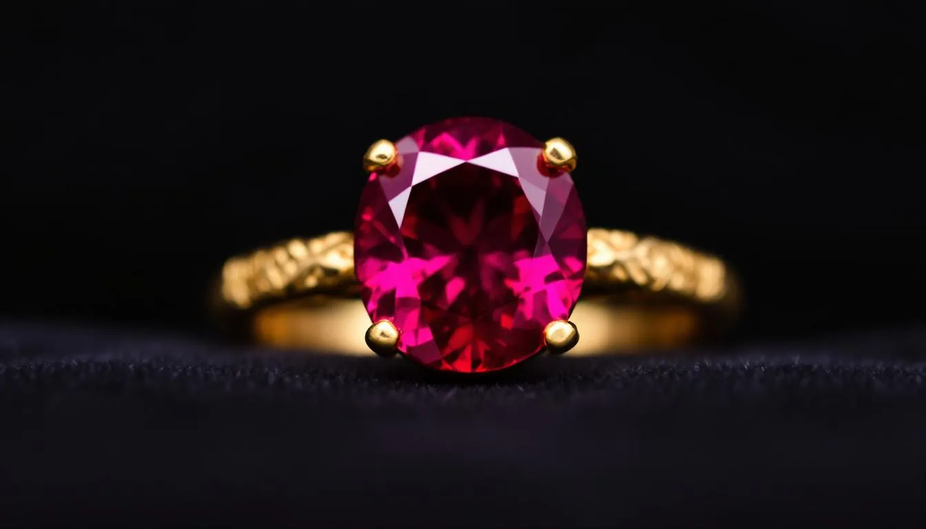 The image features a vibrant red ruby, the July birthstone, symbolizing love and passion, often referred to as the king of stone birthstones. This luxurious gemstone is showcased in elegant birthstone jewellery, highlighting its classic beauty and status as a treasured symbol of good fortune.