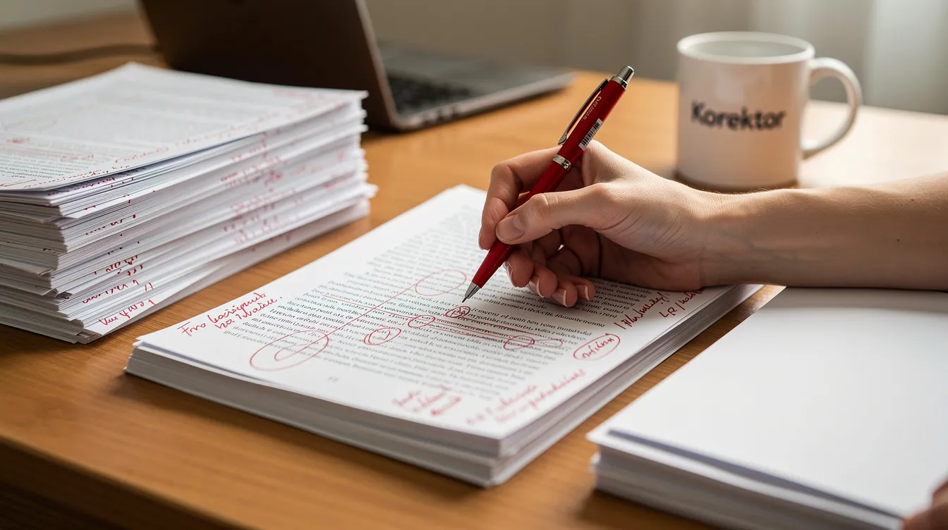 Na obrazku widoczny jest korektor zaznaczający poprawki na papierze, co może pom&oacute;c w nauce ortografii i zasad pisowni. Zaznaczone są wyrazy obcego pochodzenia oraz inne błędy, co wspiera dzieci w zrozumieniu reguł języka polskiego.