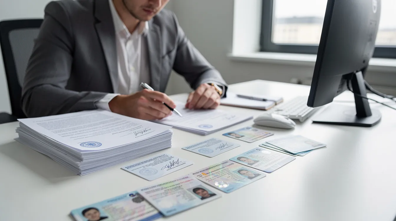 2d3a9a39 5c5f 4372 838a 27efd10d051e A person is seated at a desk, carefully reviewing a stack of official documents and identity cards, likely related to a mudra loan application or financial assistance for small businesses. The documents may include bank statements, proof of income, and other legal entities necessary for securing a business loan from a financial institution.