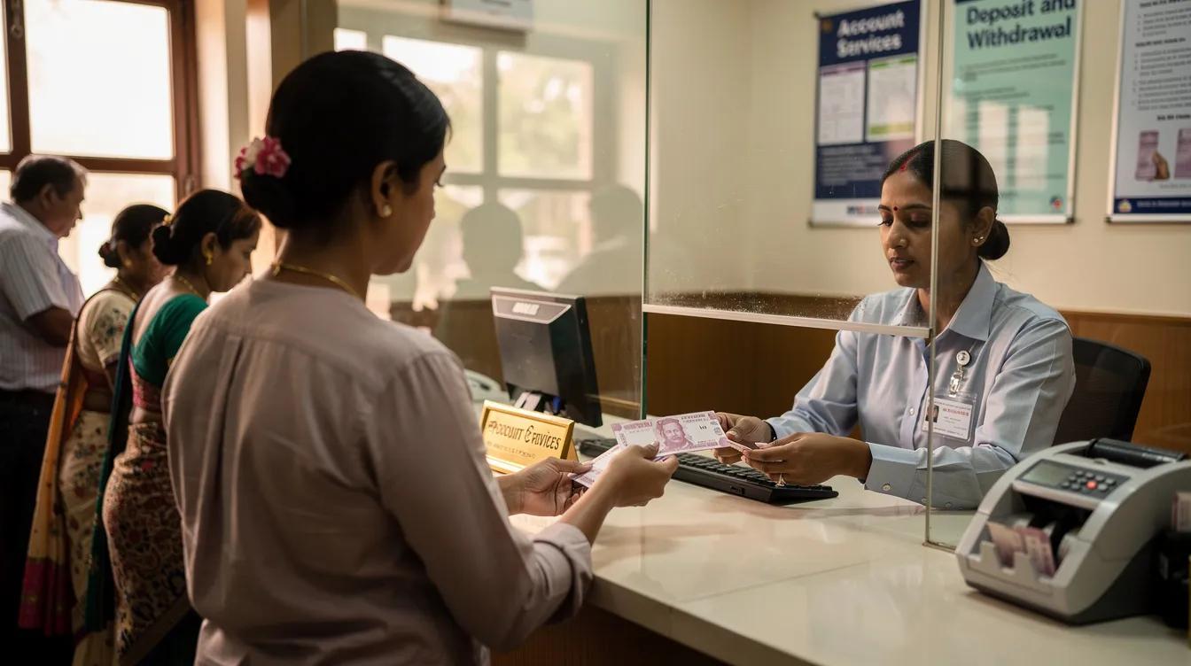 A person is receiving cash at a bank counter window in India, showcasing the essential services provided by banks for managing funds. The scene highlights the importance of bank accounts and the use of codes like IFSC and MICR for faster processing of transactions.