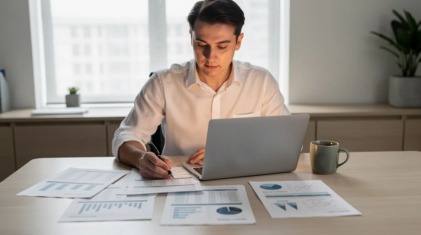A person is seated at a desk, focused on a laptop while holding a coffee mug, as they review various financial documents related to expenses and wages for their company. The scene suggests a dedicated effort to manage finances and plan for future business needs.