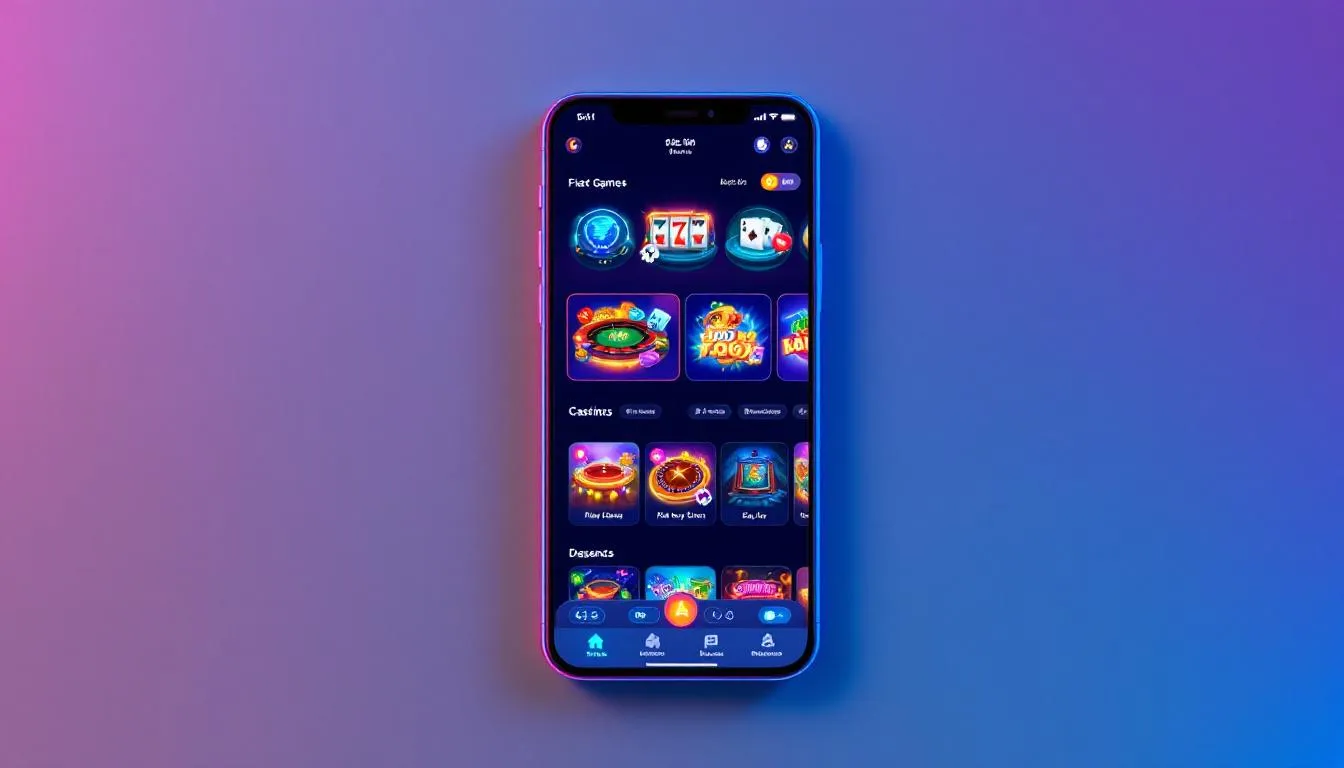 A mobile device showcases a vibrant gaming interface filled with various casino games, including slots and card games, designed for both Android and iOS users. This user-friendly platform allows players to start playing and earn rewards in a secure environment, reminiscent of the excitement found in Las Vegas.