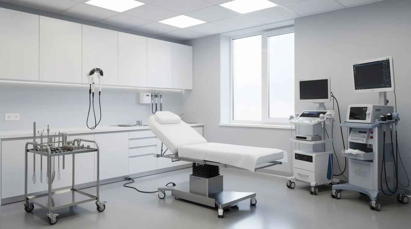 Imagen de un consultorio médico moderno que muestra equipos quirúrgicos de alta tecnología y una camilla profesional, ideal para procedimientos de cirugía plástica como la lipoescultura. Este ambiente está diseñado para ofrecer seguridad y comodidad a los pacientes que buscan mejorar su figura y contorno corporal.