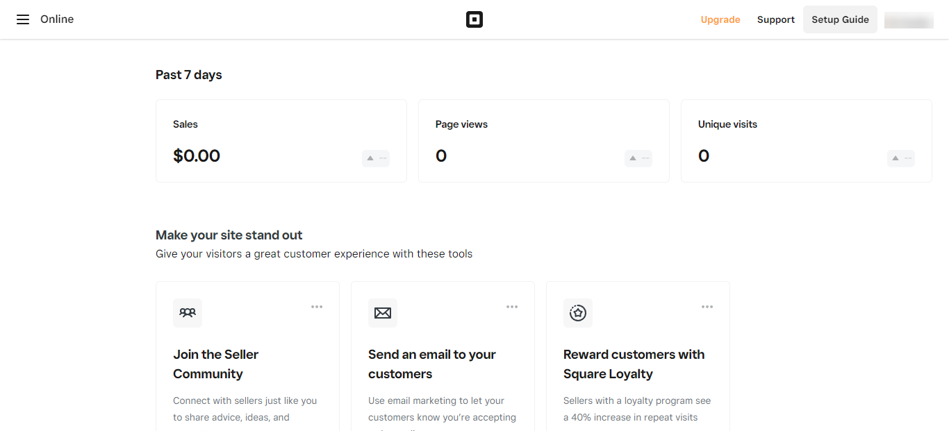 Square Onlne dashboard screenshot