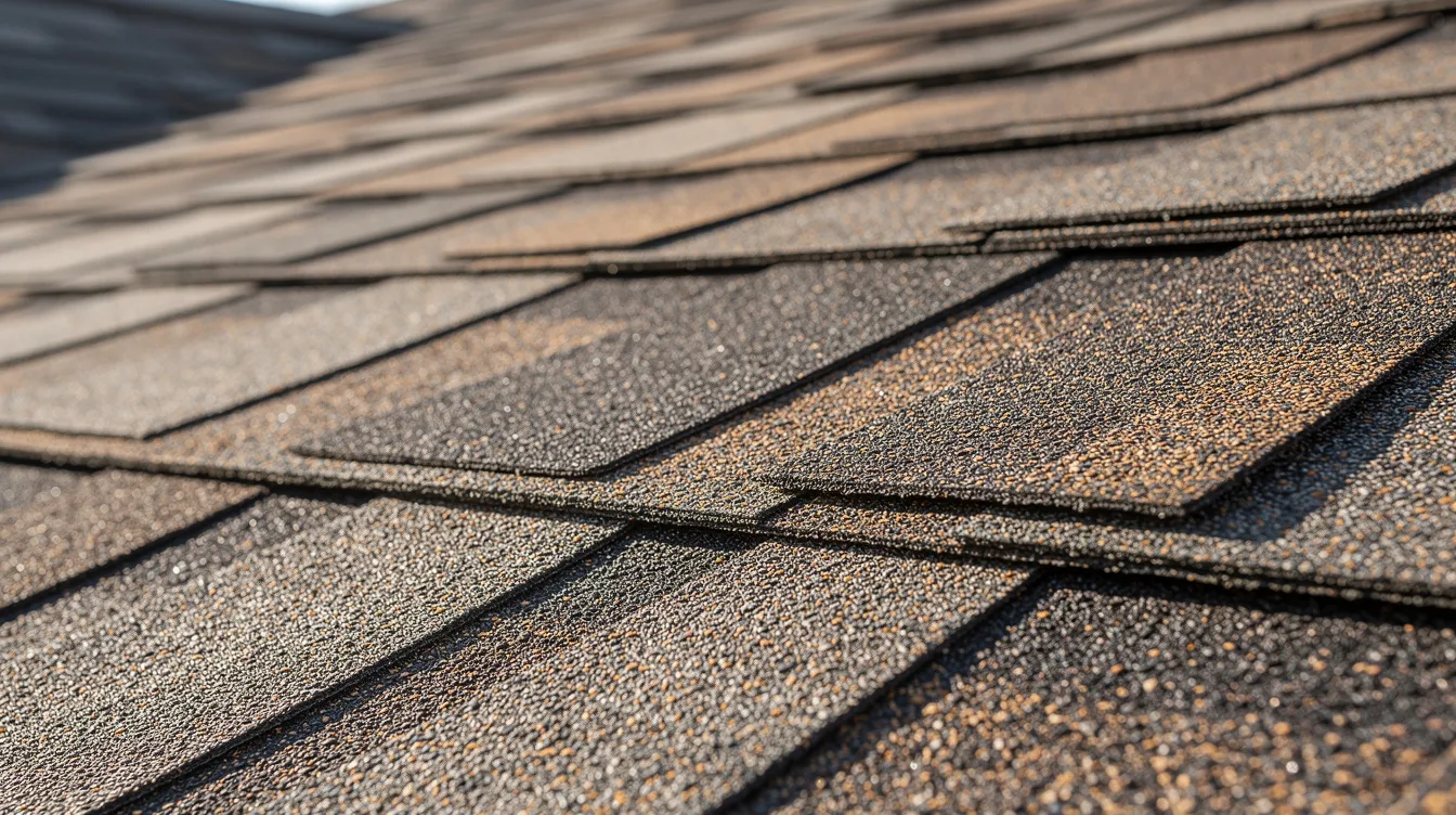 This close-up image showcases the texture and color variation of architectural asphalt shingles on a residential roof, highlighting their design and material quality. The shingles, a common choice for roof replacement, demonstrate the durability and aesthetic appeal that homeowners often seek in roofing projects.