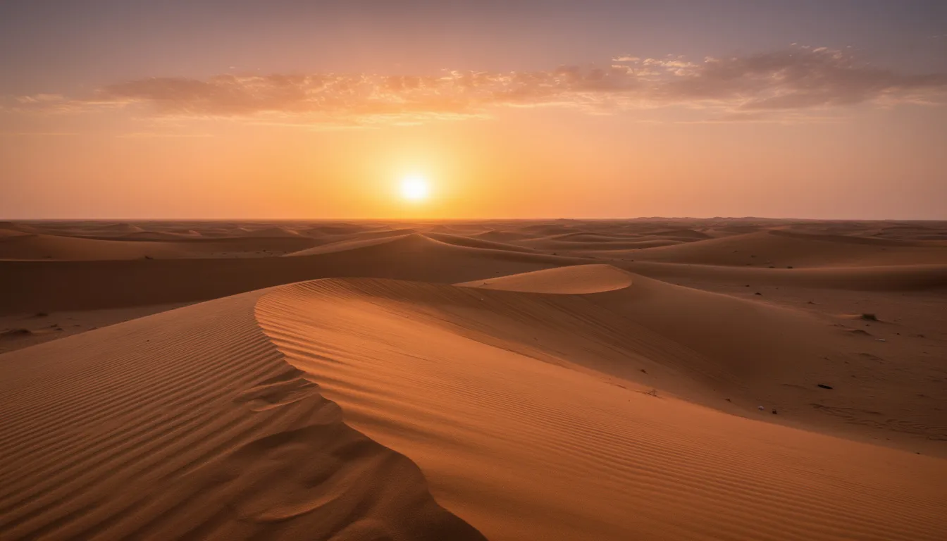 A wide landscape view captures the golden sand dunes of the Sahara Desert at sunset, with dramatic shadows stretching across the vast terrain. This breathtaking scene evokes a sense of adventure, perfect for those seeking a unique desert experience.