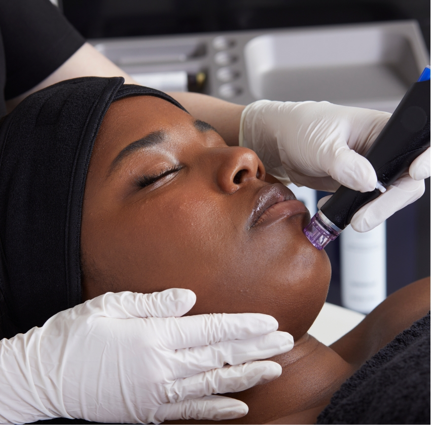 A person getting a Hydrafacial treatment with a device that is removing dead skin cells