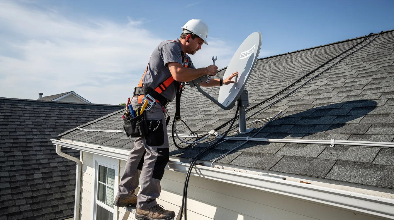 A professional technician is seen installing a satellite dish on a residential rooftop, ensuring optimal positioning for the best reception. This installation service is part of the accredited DSTV installers in Bellville, aimed at providing quality service for enhanced viewing experiences.