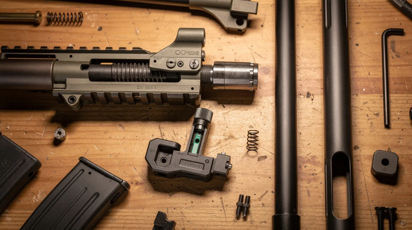A close-up view of the internal components of an airsoft bolt-action rifle, featuring the hop-up unit and precision barrel, is displayed on a workbench. This detailed arrangement highlights the mechanics essential for achieving long-range accuracy in airsoft sniping.