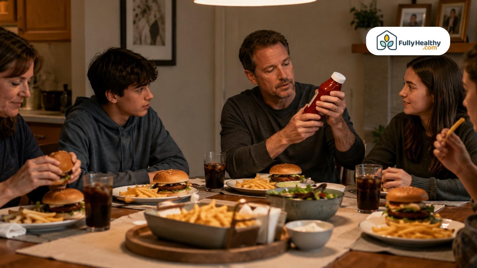 Family inspecting ketchup bottle during burger and fries dinner at home