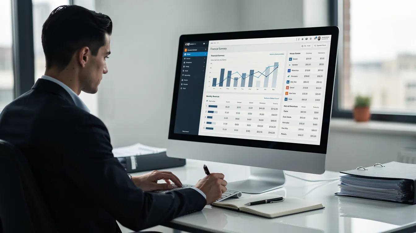 A practice manager is focused on reviewing financial reports displayed on a computer screen, analyzing data related to dental billing and insurance claims to ensure the financial health of the dental practice. The scene highlights the importance of effective management in navigating the complexities of billing processes and insurance coverage.