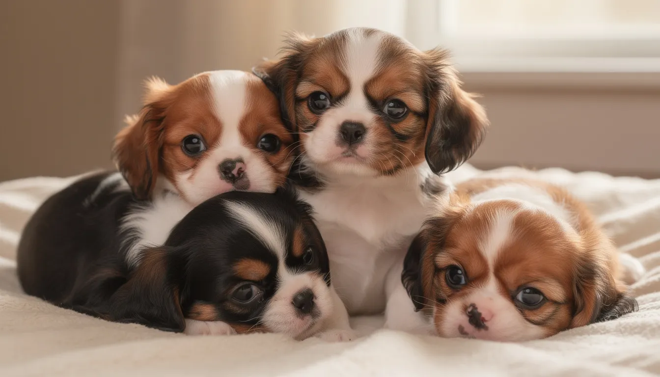A litter of adorable English Toy Spaniels is nestled together, showcasing their silky coats and affectionate nature. The puppies, with their characteristic domed heads and black and tan markings, embody the charm of this delightful toy breed.