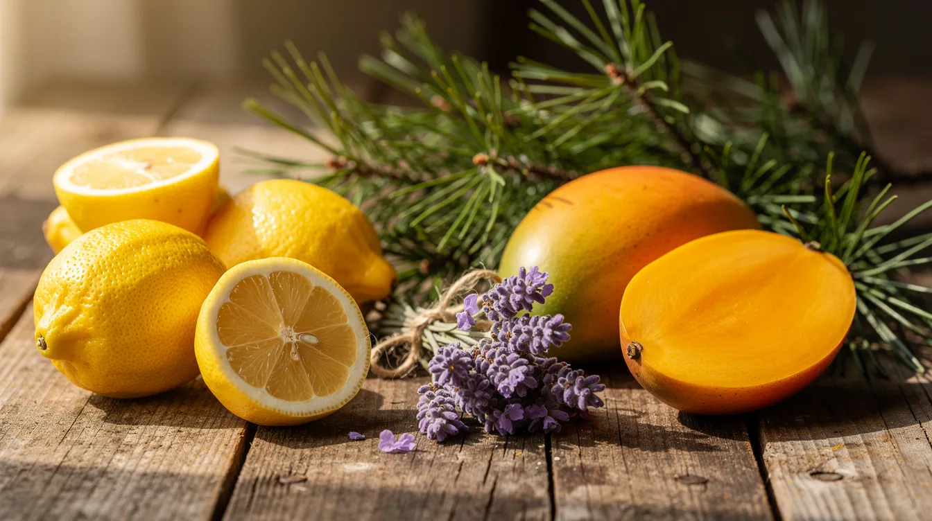 Das Bild zeigt eine ansprechende Anordnung verschiedener aromatischer Quellen, darunter frische Zitronen, duftender Lavendel, süße Mangos und grüne Kiefernzweige, die eine harmonische Mischung aus natürlichen Aromen darstellen. Diese Vielfalt an Düften könnte auch die unterschiedlichen Eigenschaften und Wirkungen von Cannabis-Sorten wie Indica und Sativa symbolisieren.