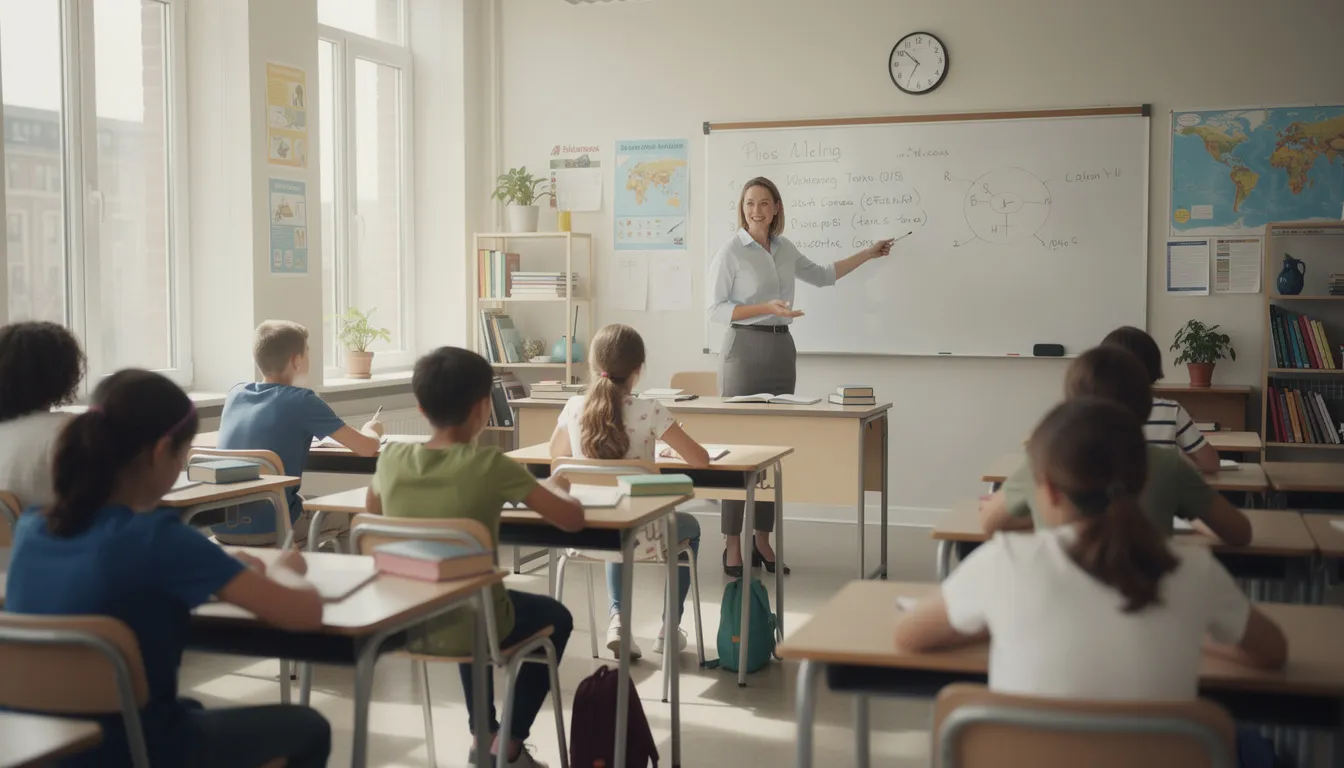 Ein Lehrer steht vor einer Klasse und erklärt den Lernstoff, während die Schüler aufmerksam zuhören. Auf dem Tisch sind Lehrbücher und Materialien für die Nachhilfestunde zu sehen, die auf die Bedürfnisse der Schüler abgestimmt sind.