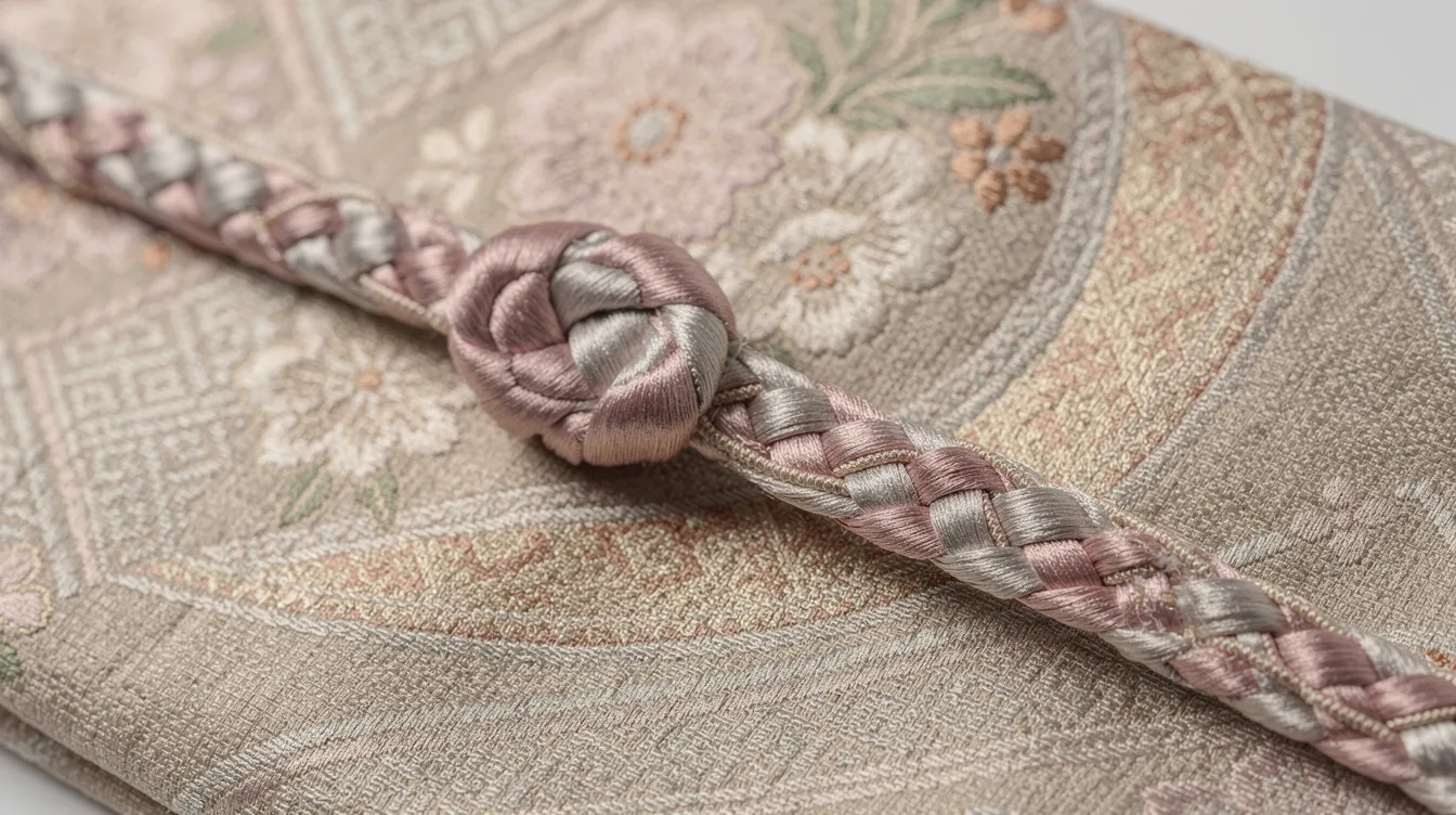 A close-up view showcases a flat braided silk cord, known as obijime, elegantly resting across a patterned obi sash on a traditional Japanese kimono. The intricate details of the silk and the vibrant colors of the obi create a beautiful contrast, emphasizing the artistry of Japanese attire.