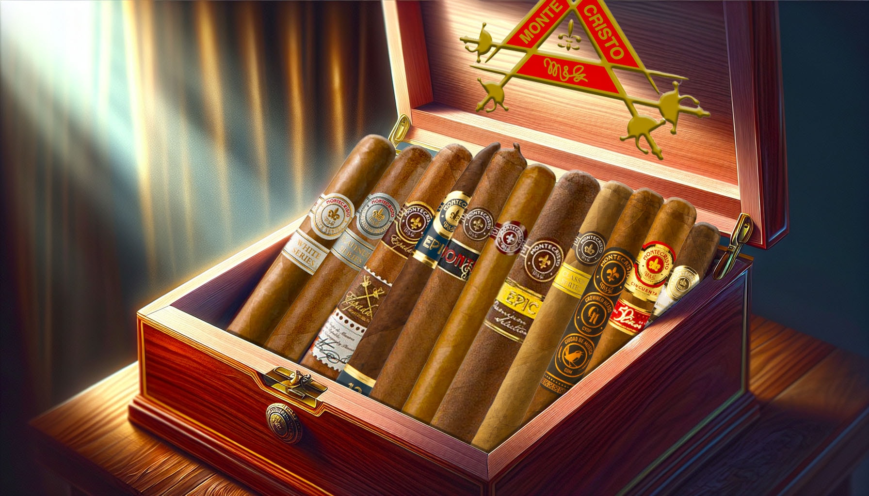 A variety of Montecristo cigars displayed elegantly in a wooden humidor.