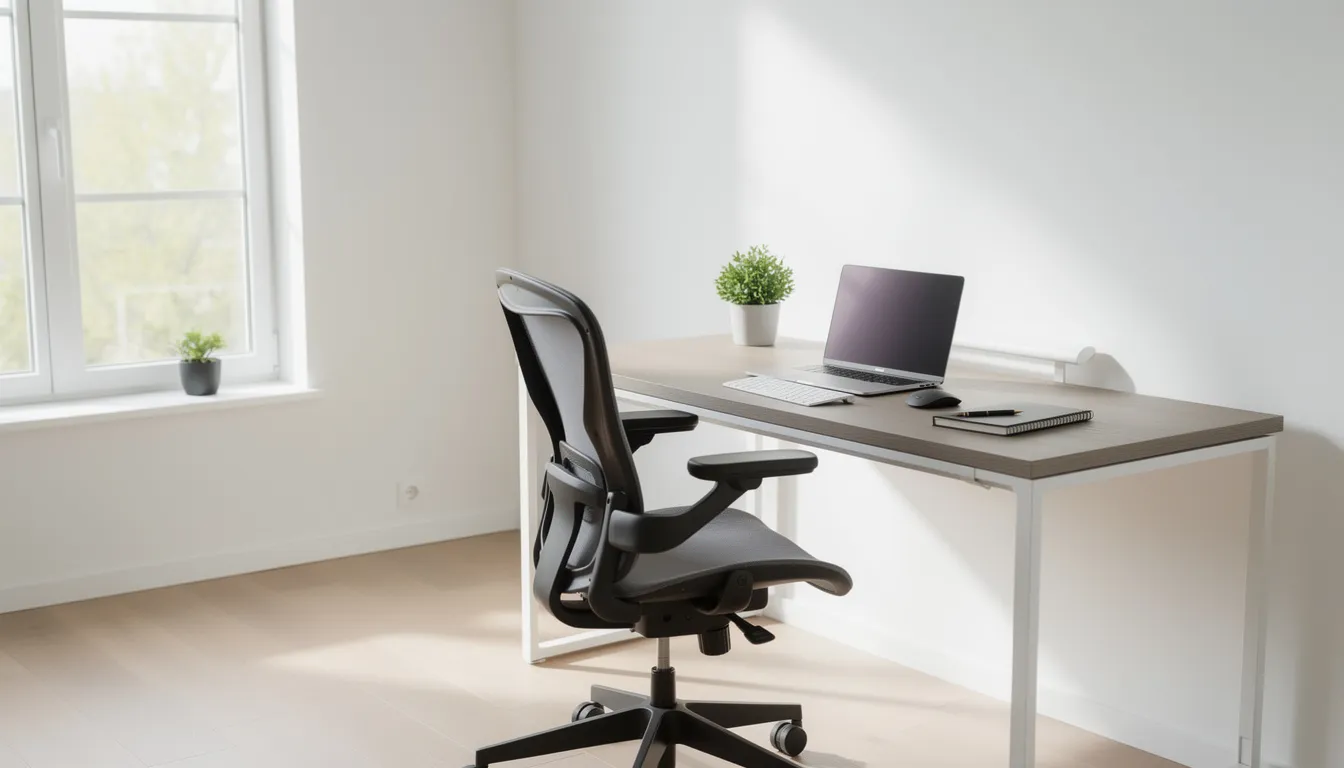 Een moderne thuiswerkplek met een stijlvolle stoel, voorzien van een hoge rug en armleggers, staat centraal in het beeld. Het opgeruimde bureau benadrukt een gezonde werkhouding en ergonomisch zitcomfort, ideaal voor lange werkdagen.