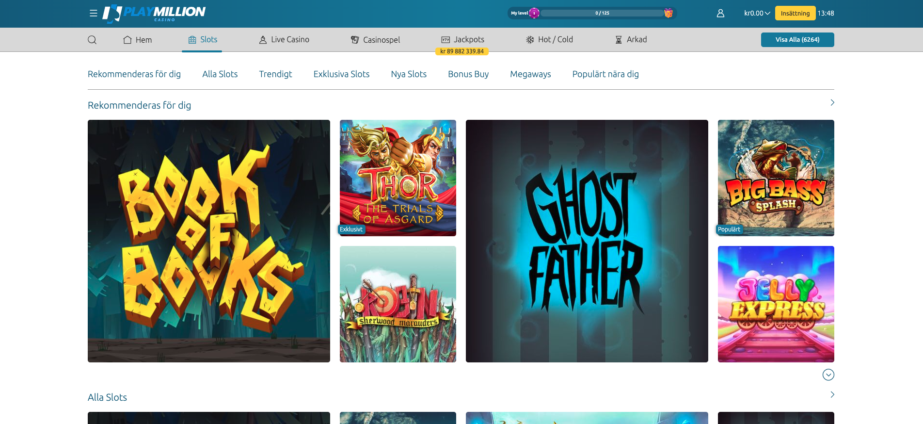 PlayMillion Casino slotssektion med spelautomater som Book of Books, Thor The Trials of Asgard, Ghost Father och Big Bass Splash.
